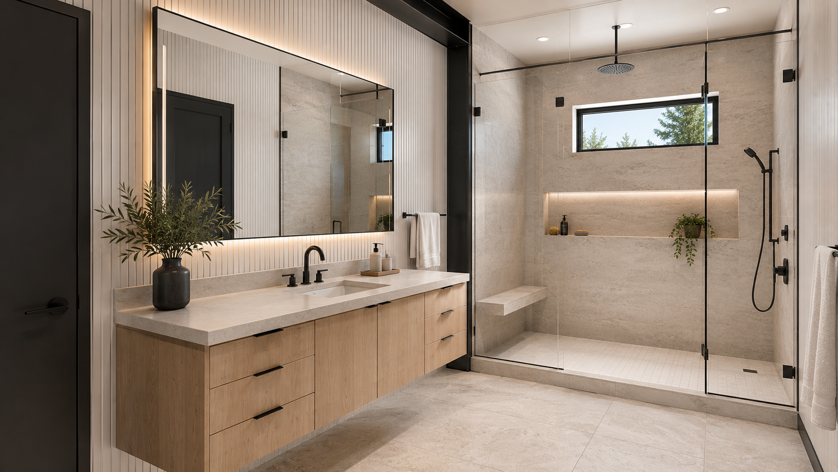 Concept rendering of a modern suite bathroom with pale oak and matte black finishes