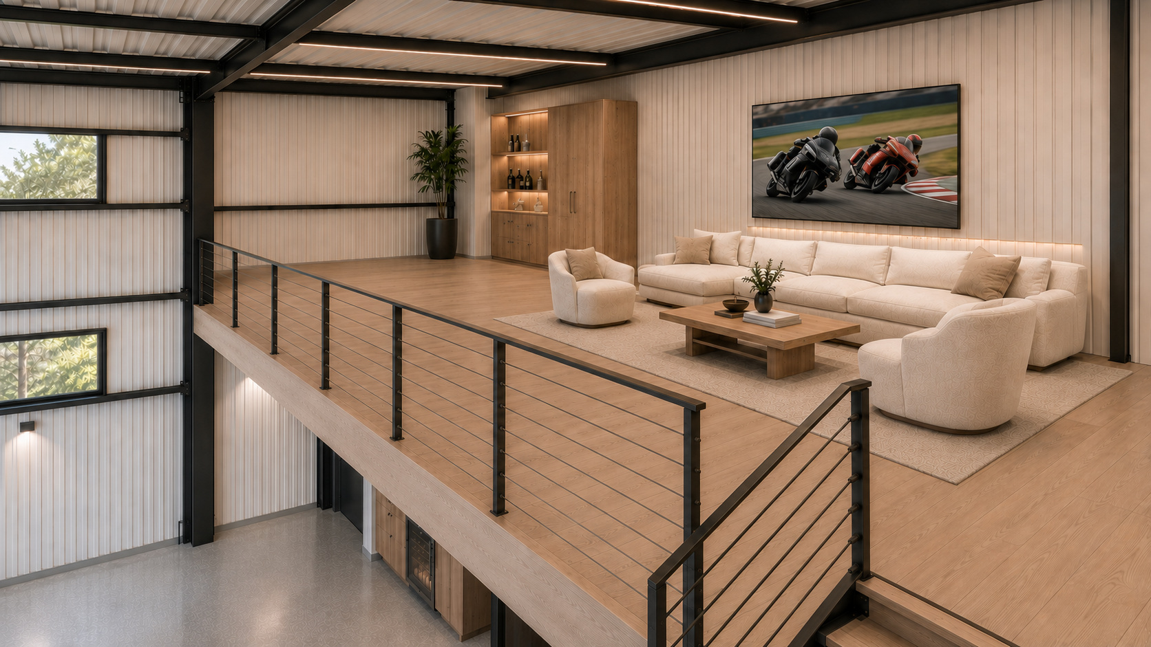 Angled concept rendering of a spacious pale oak mezzanine lounge with motorcycle racing on a large television